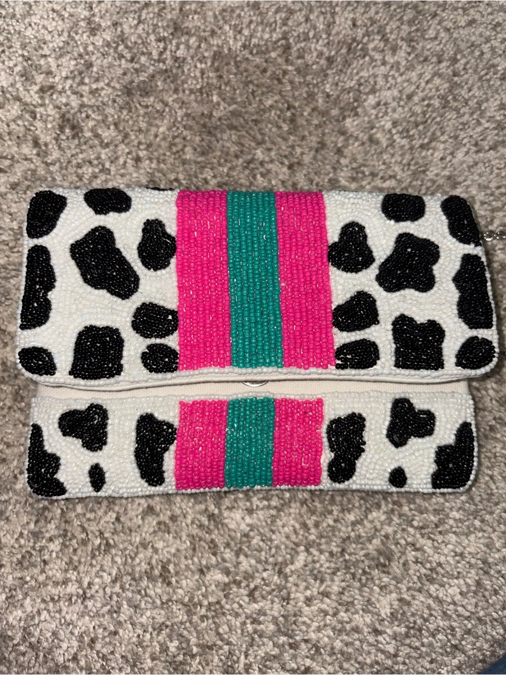 Source Unknown Kids Beaded Cow Print Clutch with Pink and Teal Stripes
